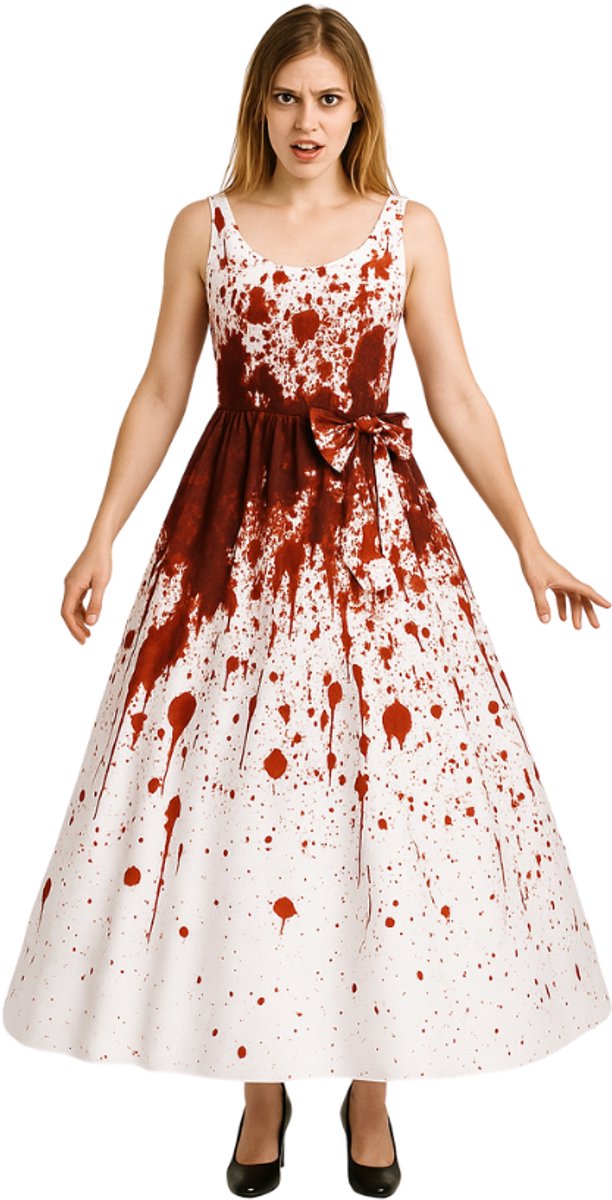 Vrouw in jurk met rood spatontwerp.