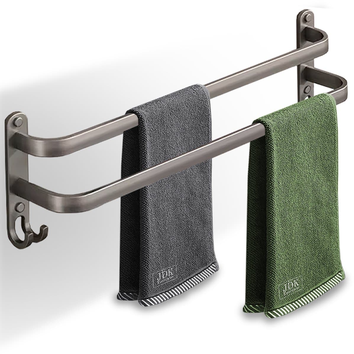 Handdoekhouder met grijze en groene handdoeken