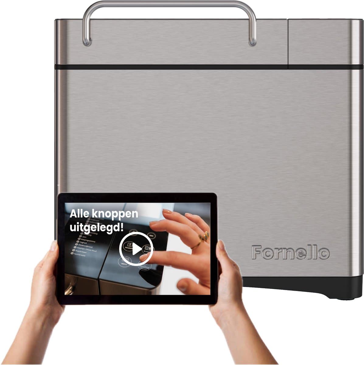 Vrouw gebruikt tablet naast roestvrijstalen apparaat.