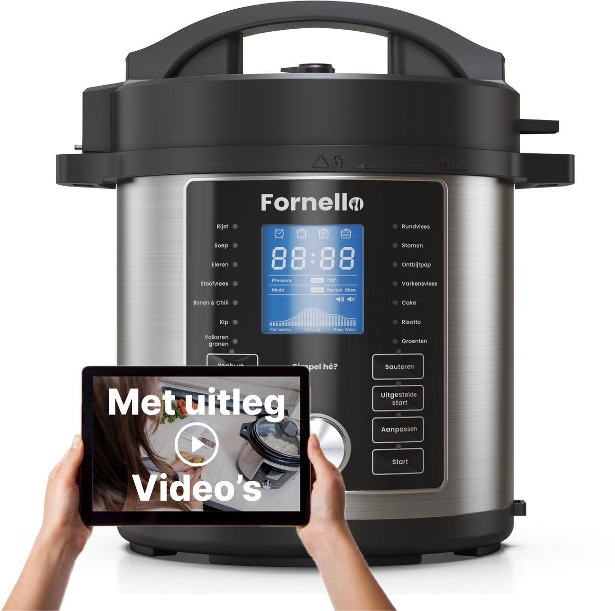 Fornell multicooker met display en tablet met video’s