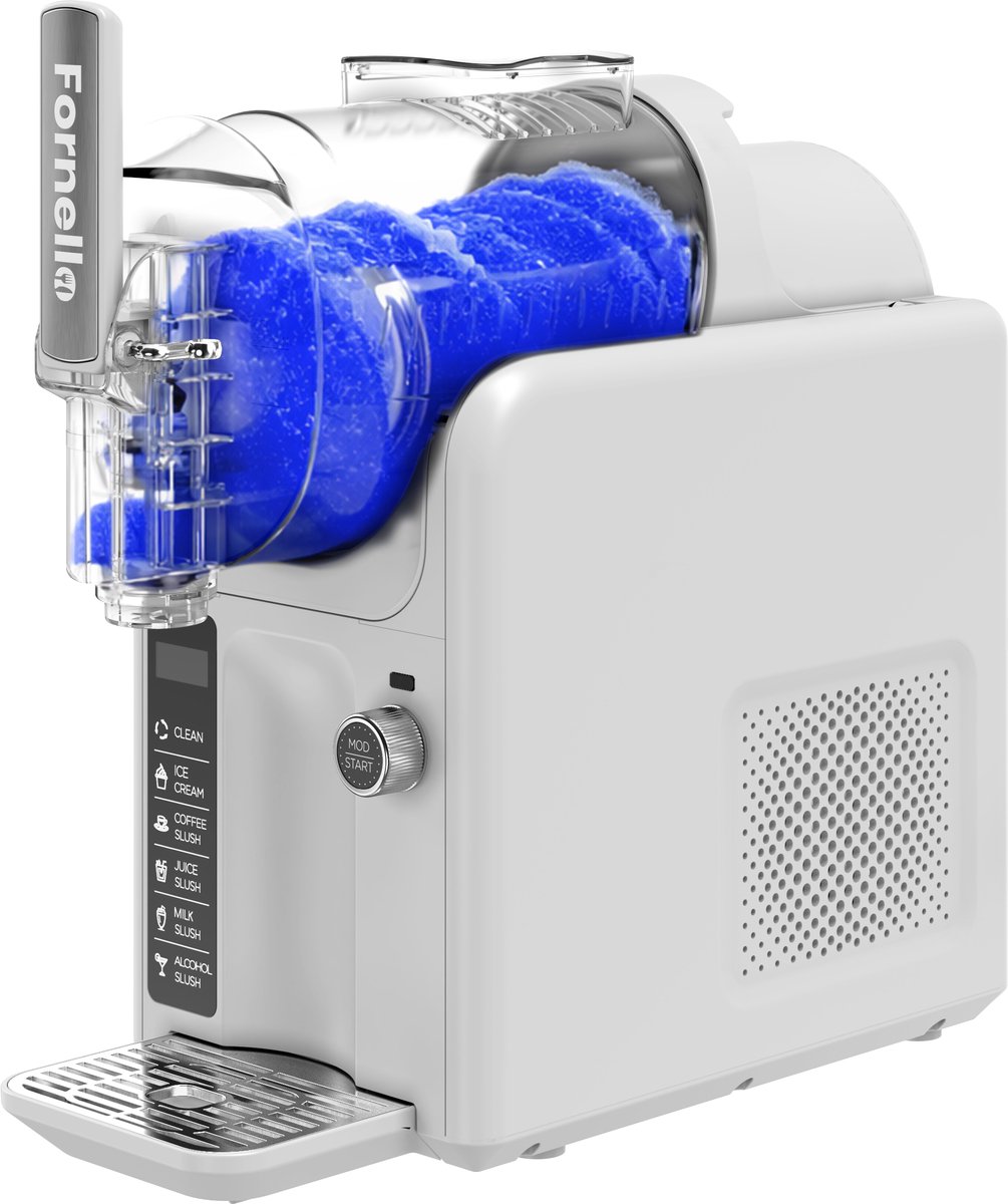 Slush machine with blue slush in a clear tank