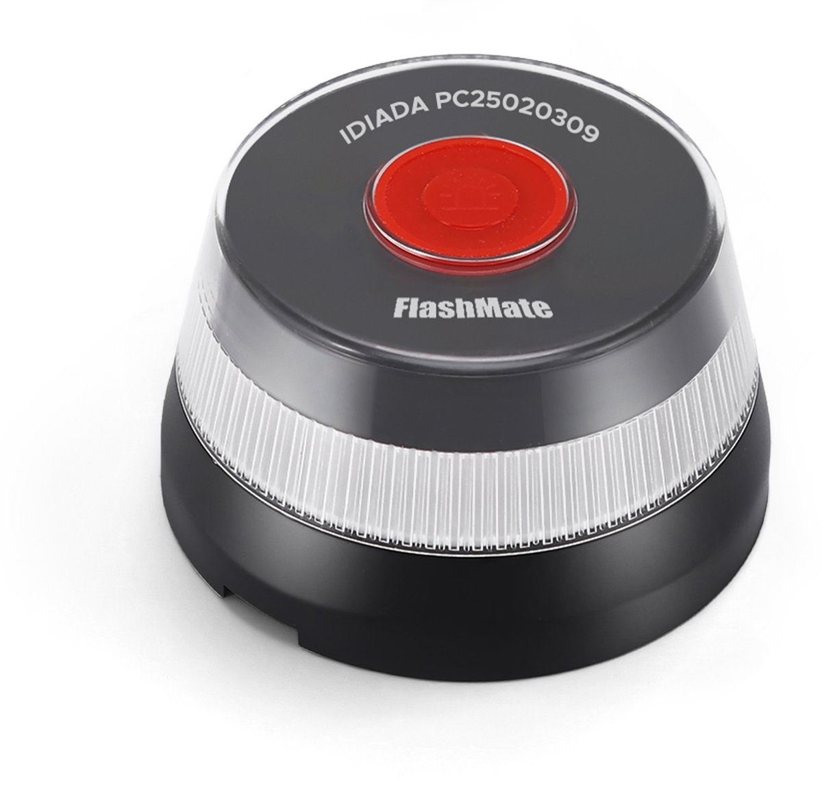 Black and red electronic flashlight with text FlashMate