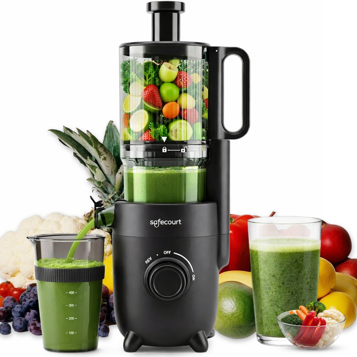 Extracteur de jus lent noir avec des fruits et légumes frais