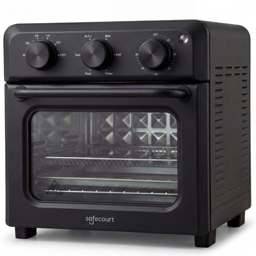 Zwarte airfryer oven met draaiknoppen en glazen deur