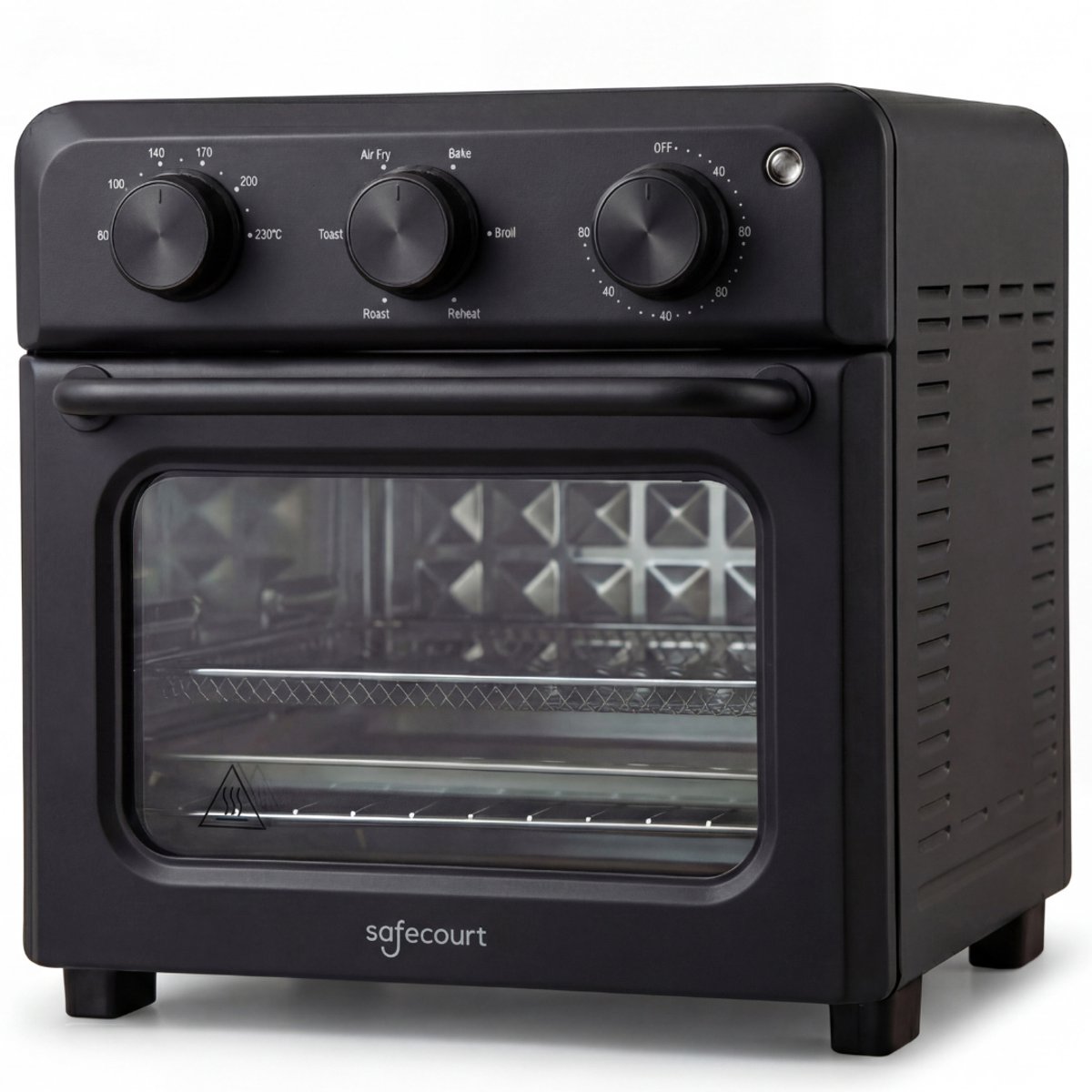 Zwarte airfryer oven met draaiknoppen en glazen deur