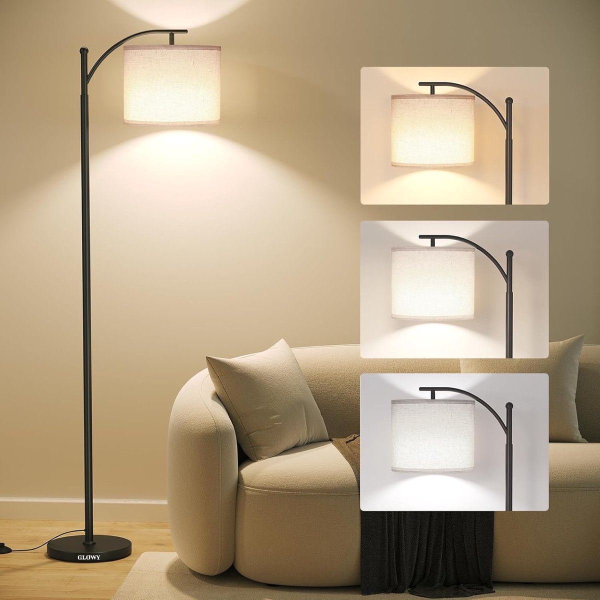 Modern black floor lamp next to a beige sofa
