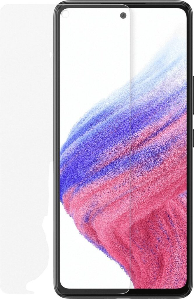 Smartphone met kleurrijk scherm en screenprotector.