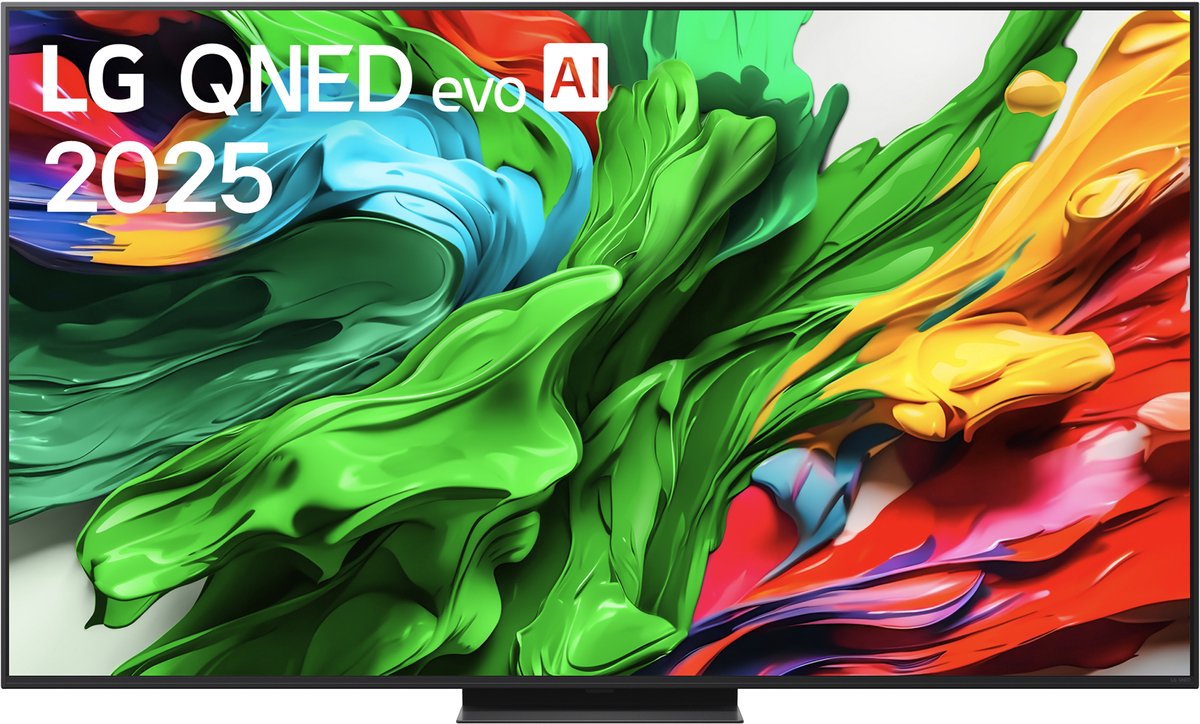 LG QNED evo AI 2025 televisie met kleurrijke abstracte kunst