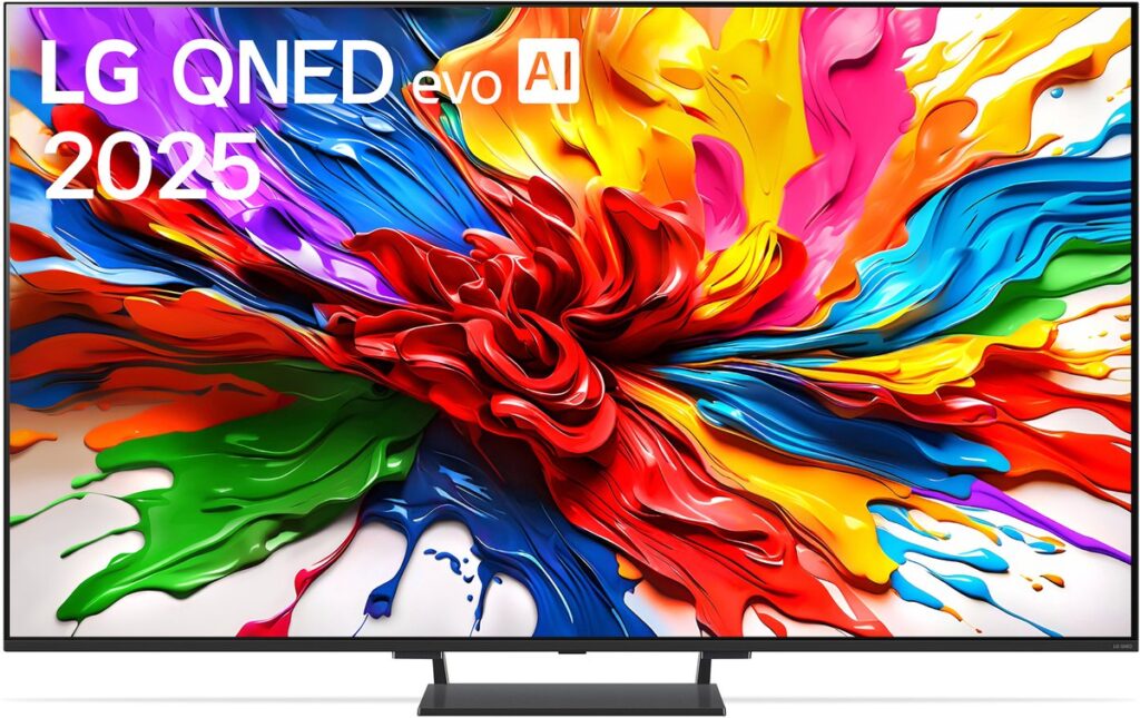 LG QNED evo AI 2025 tv met kleurrijke verfexplosie