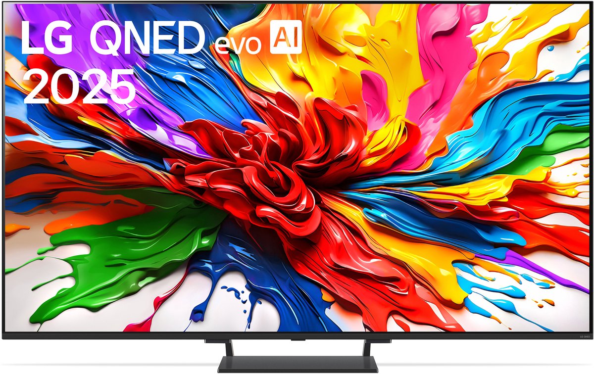 LG QNED evo AI 2025 tv met kleurrijke verfexplosie