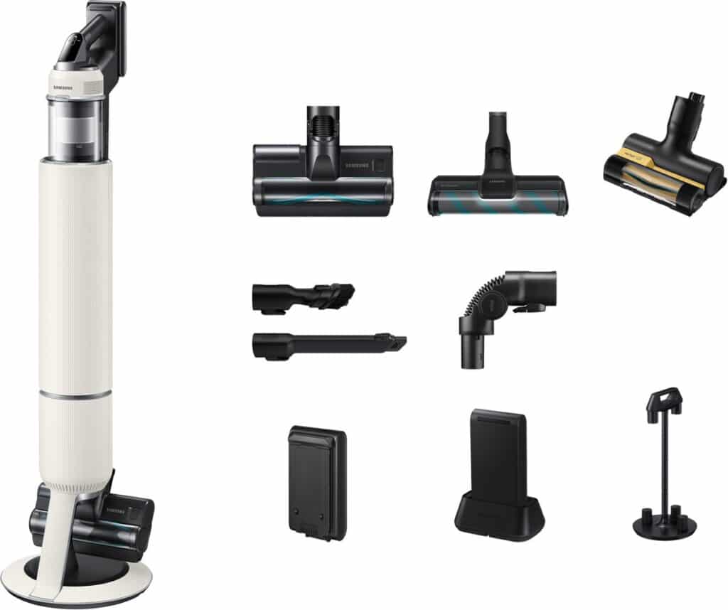 Stofzuiger met diverse accessoires en onderdelen.