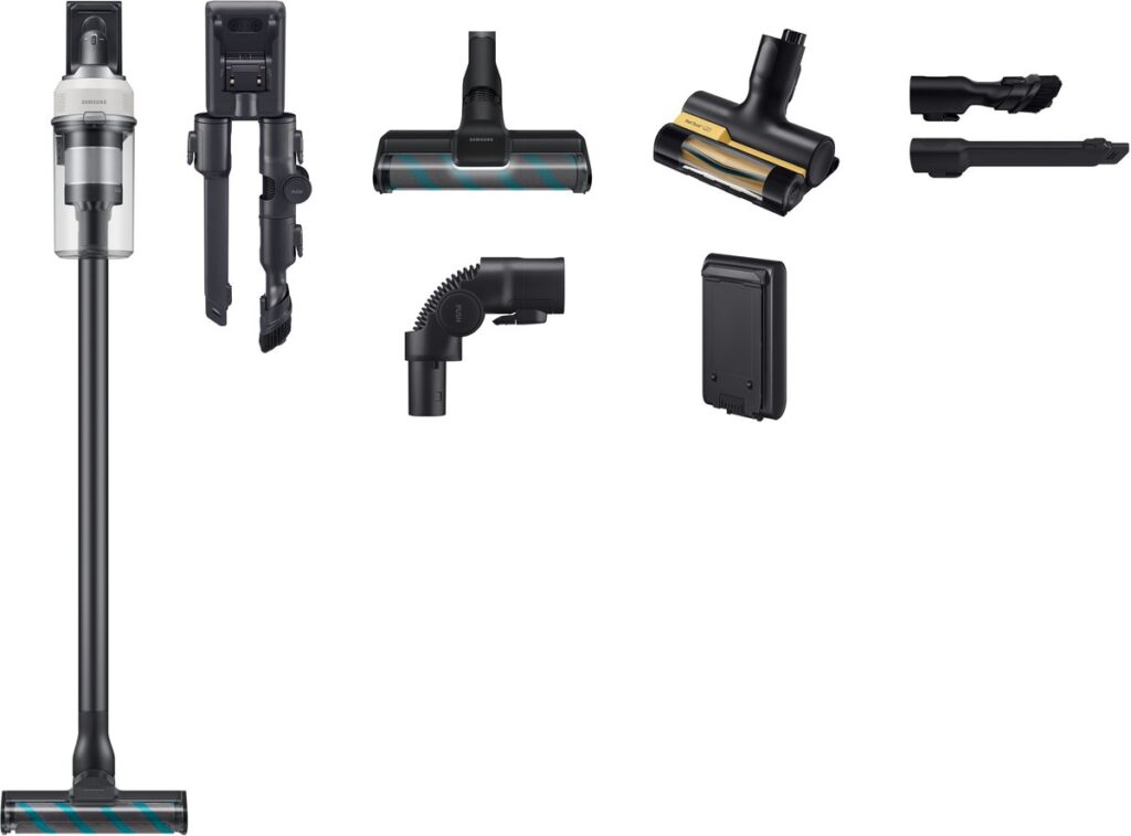 Stick vacuum cleaner with various attachments and a rechargeable battery