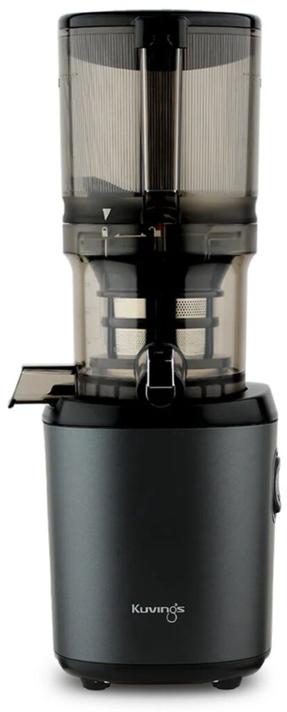 Zwarte Kuvings slowjuicer met transparante sapkamer