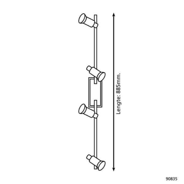 Drie spotlampen op rail, lengte 885 mm.