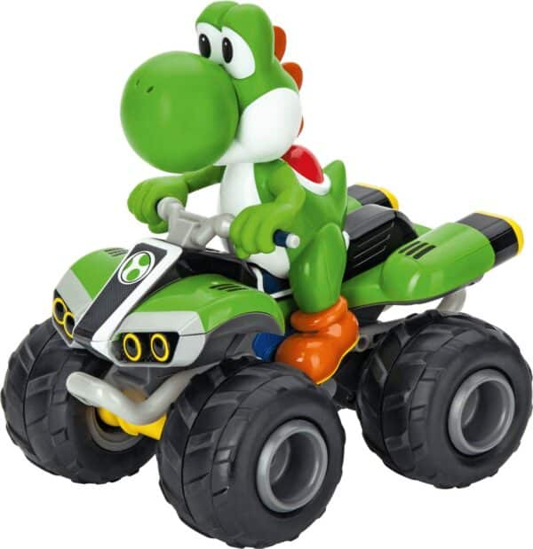 Groene dinosaurus actiefiguur op een quad bike.