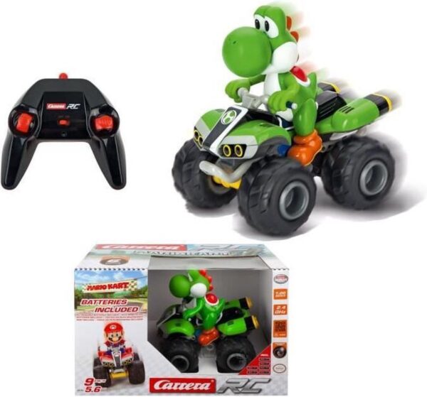 Groene dinosaurus speelgoed op afstand bestuurbare quad met controller.