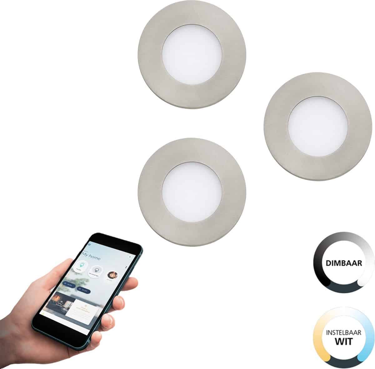 Drie ronde LED-lampen, smartphone-bediening, dimbaar, instelbaar wit.