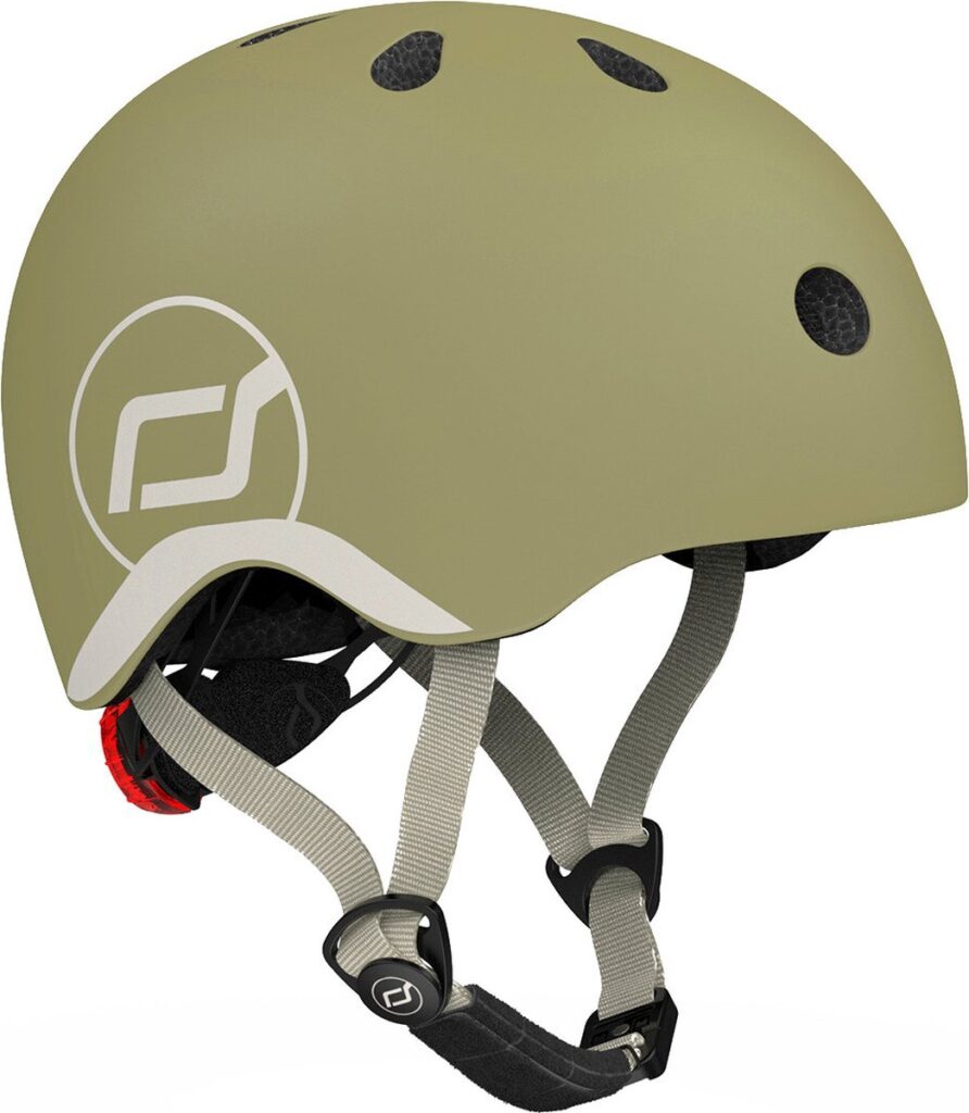 Olive-green bicycle helmet with adjustable straps and a rear light