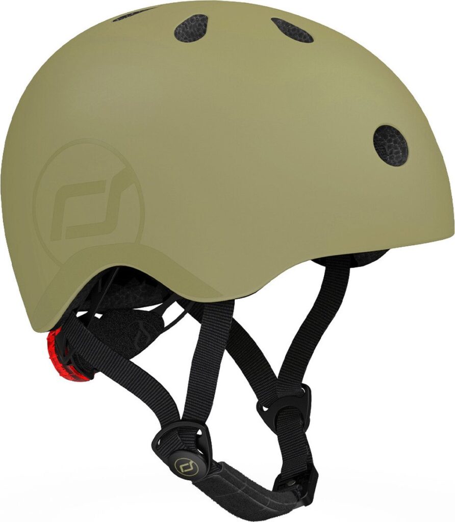 Casque de vélo beige avec sangle noire et feu arrière