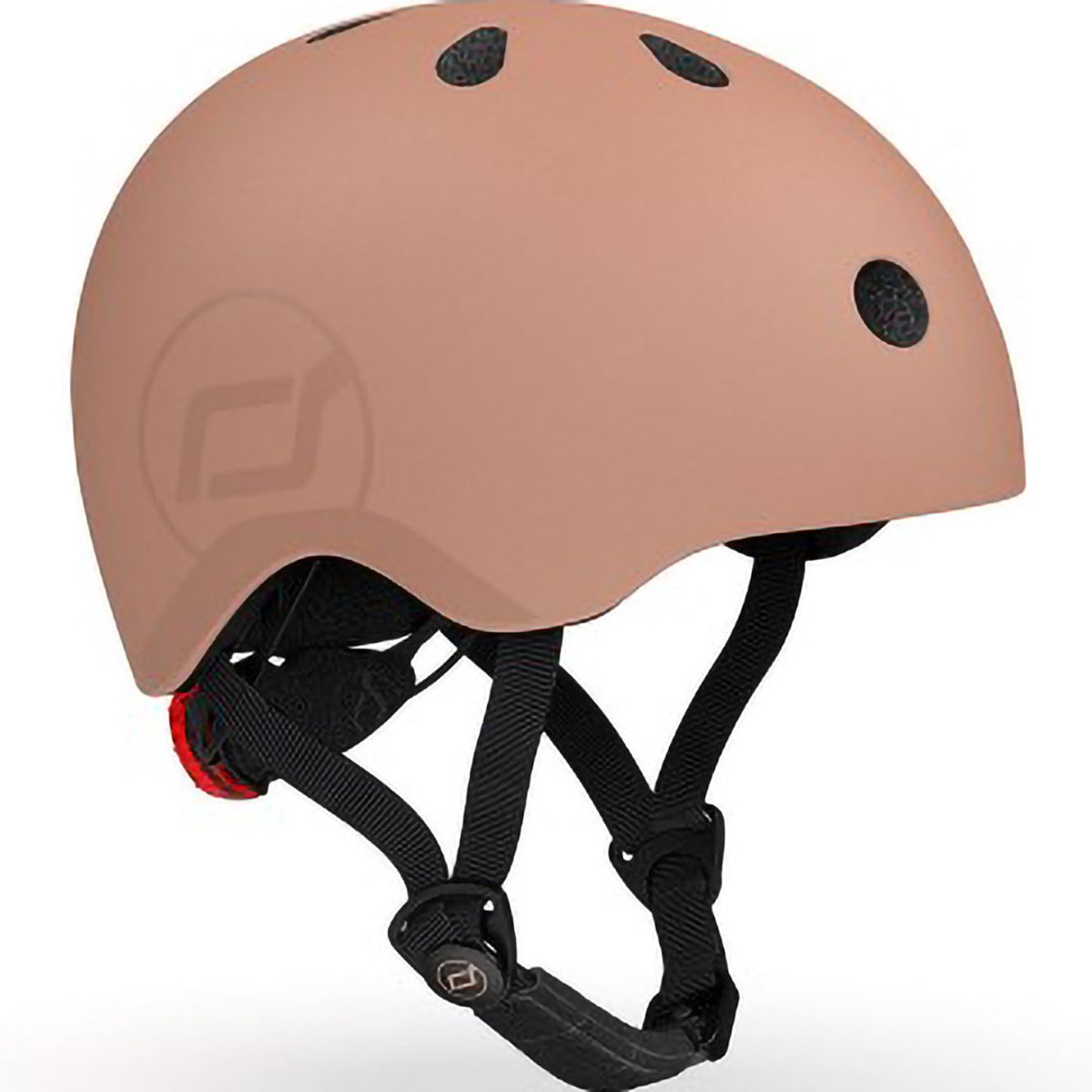 Beige skatehelm met ventilatiegaten en zwarte riemen