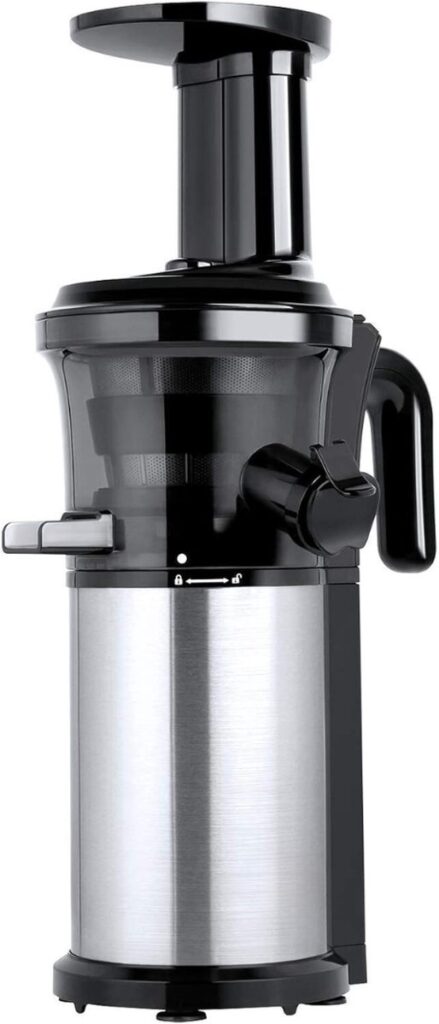 Silver and black juicer device side view.