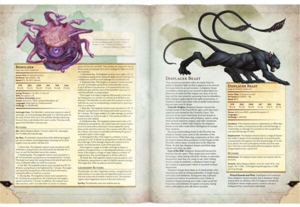 Fantasy-monsters Beholder en Displacer Beast met statistieken.