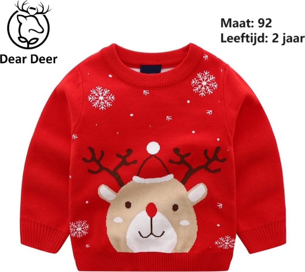 Pull de Noël rouge avec renne et flocons de neige, taille 92.