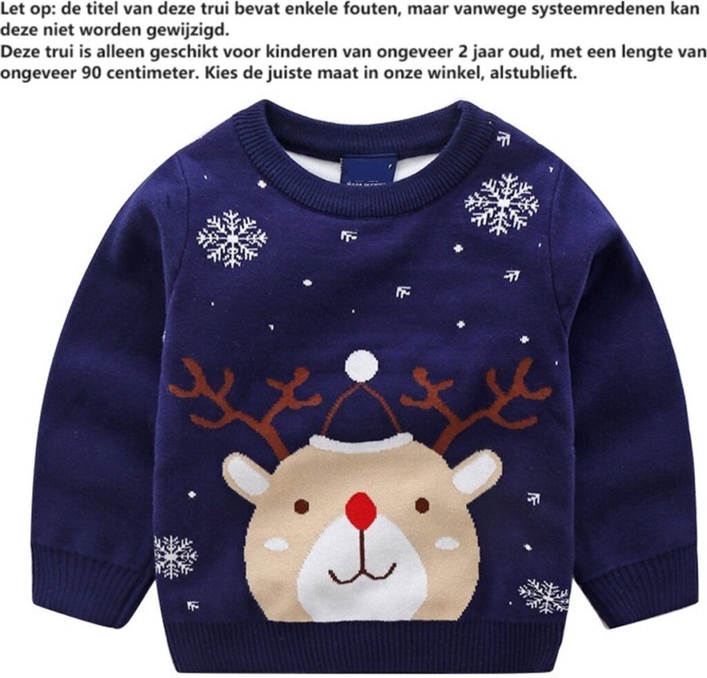 Blauwe kindertrui met rendier en sneeuwvlokken design.