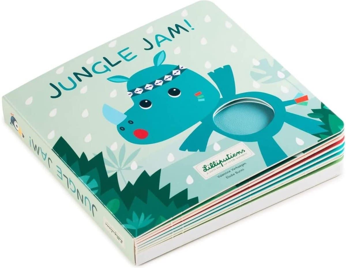 Kinderboek met blauwe neushoorn en titel Jungle Jam.