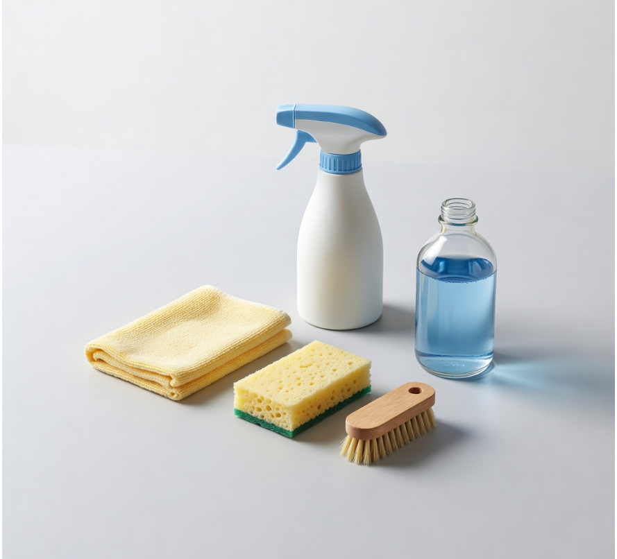 Schoonmaakmiddelen met sprayfles, spons en doek