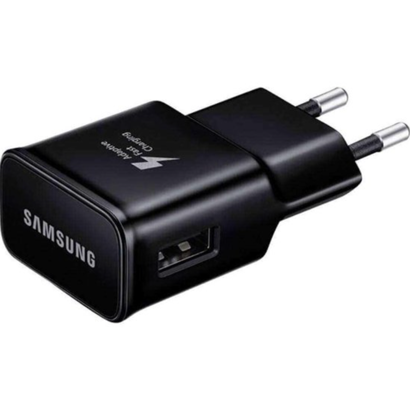 Zwarte Samsung oplader met USB-aansluiting
