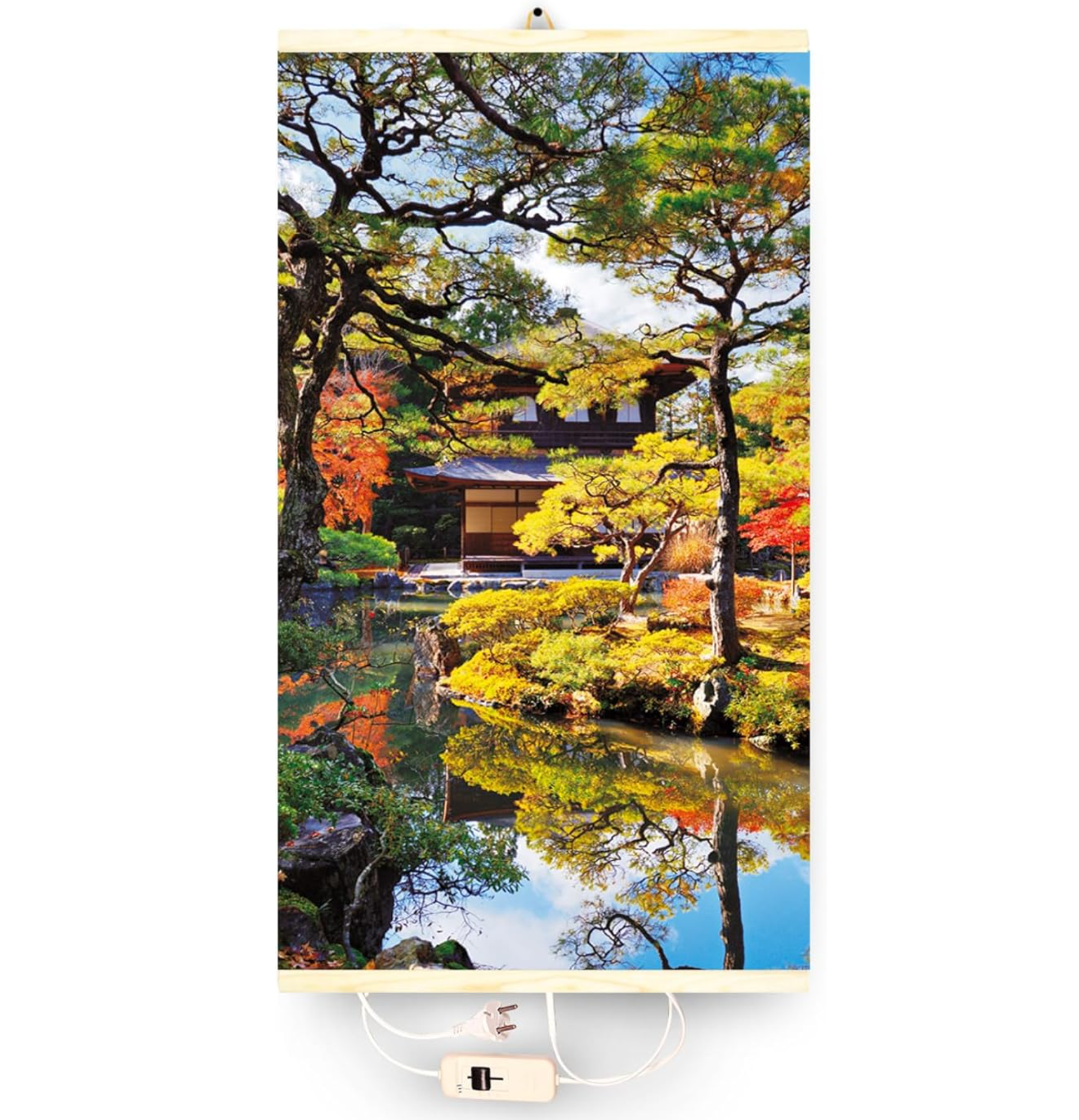 Japanse tuin met herfstbomen en waterreflectie